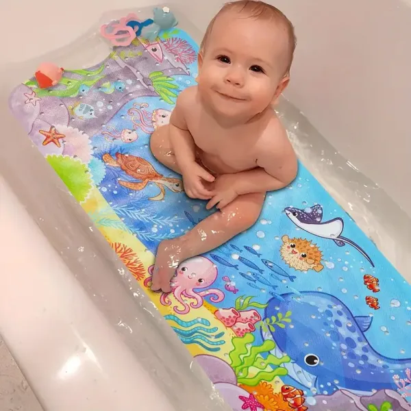 Bathtub Mat Non Slip Cartoon Bath Mat with Suction Cup and Drain Hole, Extra-Long 40 X 16 Inch Bath Tub and Shower Mat, Machine Washable, Blue-Halobios