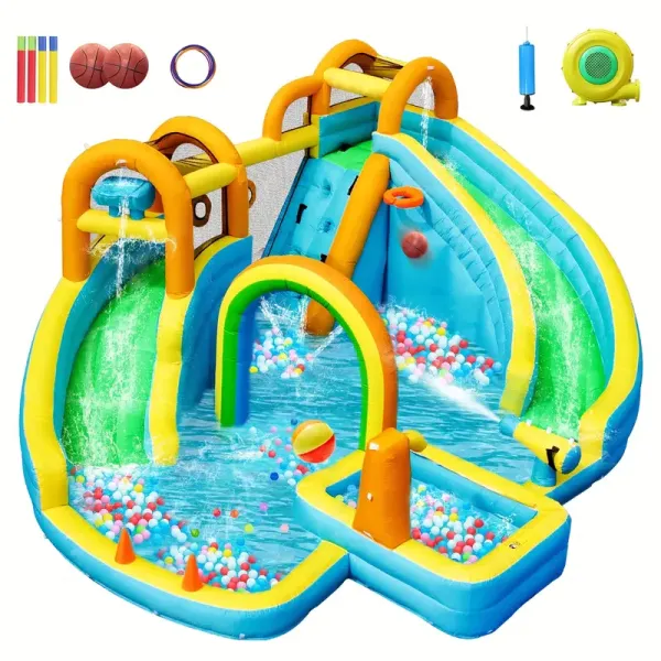 Inflatable Water Slide, Bounce House with 2 Slide, Inflatable Waterslide Park with Splash Pool, Basketball Hoop, Ball Shooting & Water Cannon for Backyard, Outdoor, Indoor