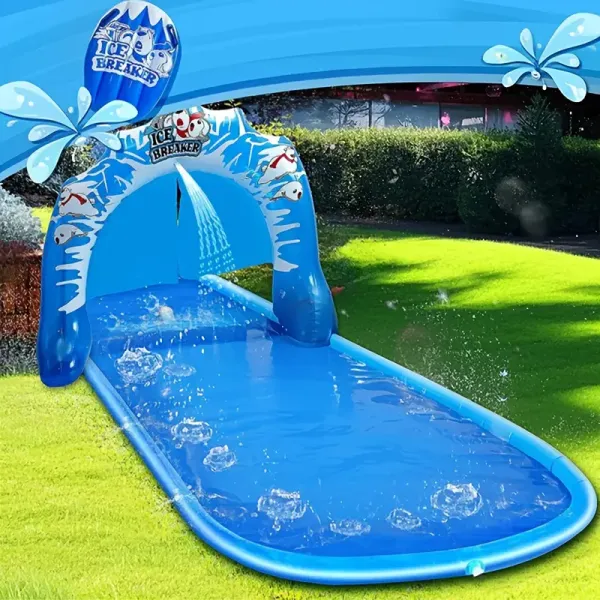 Blue Double-Sided Water Slide Play Set with Paw Pump for Outdoor Fun - Includes Sprinkling Mat and Riding Board on Grass or Lawn, Perfect for Youngsters and Adults, Water Park Play