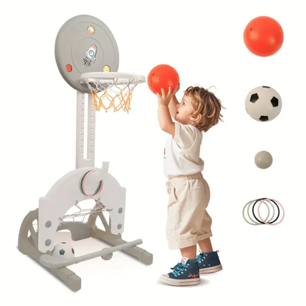 Toddler Basketball Hoop, 4-in-1 Adjustable Height Basketball Hoop, Baskrtball/Football/Hockey And Ring Toss, Kids Portable Basketball Hoops For Indoor Outdoor Play, Sport Toys For Boys & Girls