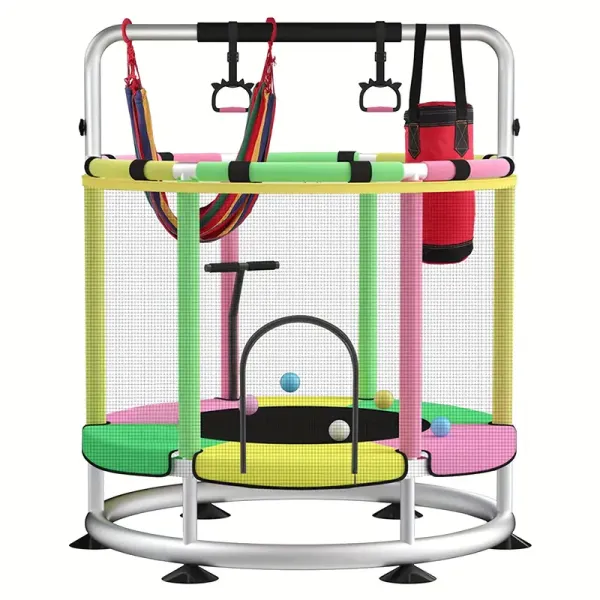 Trampoline For Kids, Update T-handrail Adjustable Trampoline With Rings, 440lbs Anti-Rollover Round Bottom Indoor Outdoor Trampoline With Enclosure