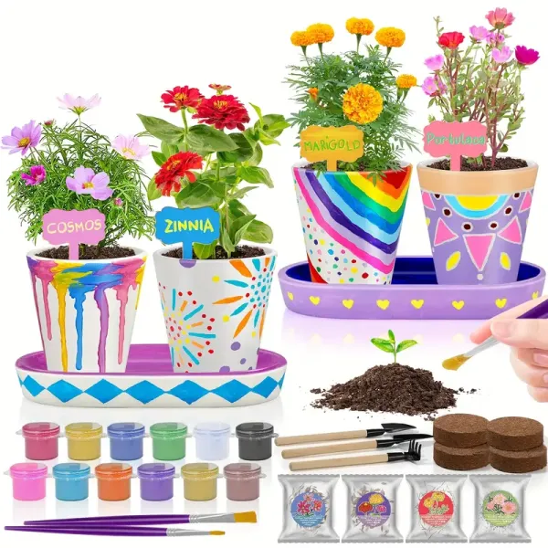 4 Set DIY Paint & Grow Flower Garden Kit - Creative Gift for Girls Ages 8-12, Arts & Crafts for Youngsters, Gardening Set, Birthday & Easter Toys for Boys & Girls Ages 4-12