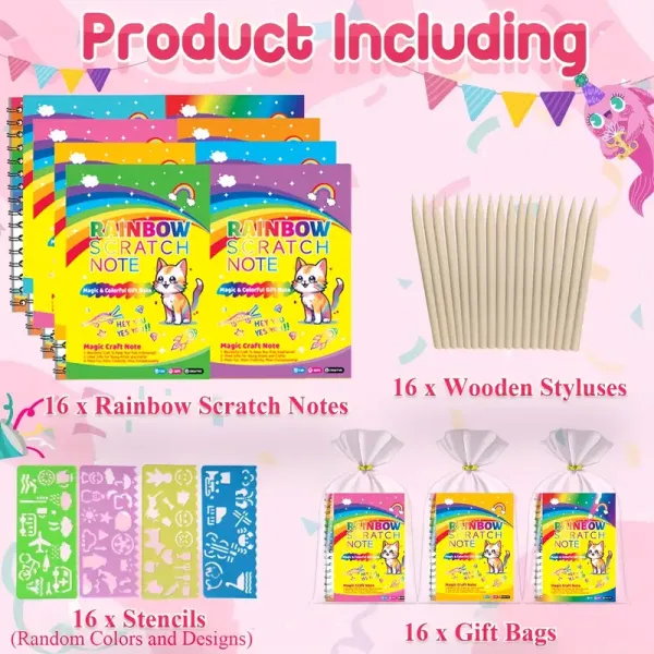 16 Pack Rainbow Scratch-Off Drawing Paper, Sketching Drawing Board Kids Party Benefits, Girls and Boys Drawing Notebook Set