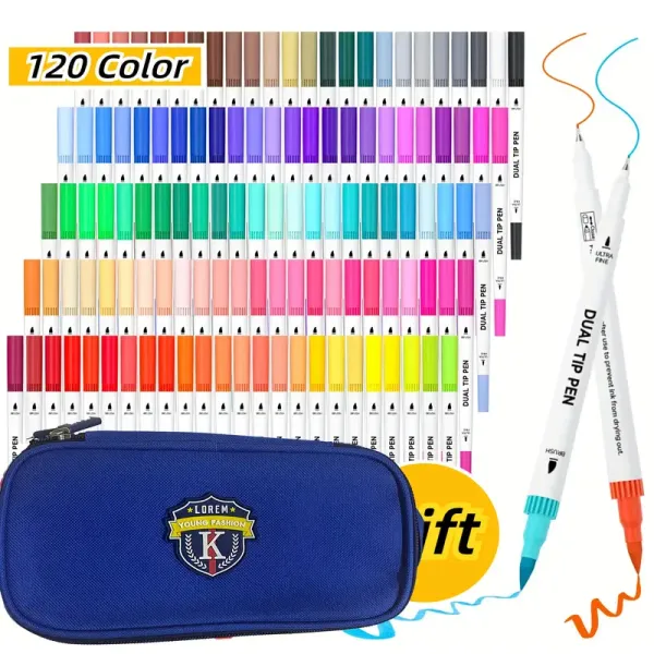 120 Color Dual-Ended Brush and Fine Tip Marker Set with Box - Water-Based Ink, Vibrant Colors for Calligraphy, Journaling, and Doodling - Ideal for Students and Craft Enthusiasts