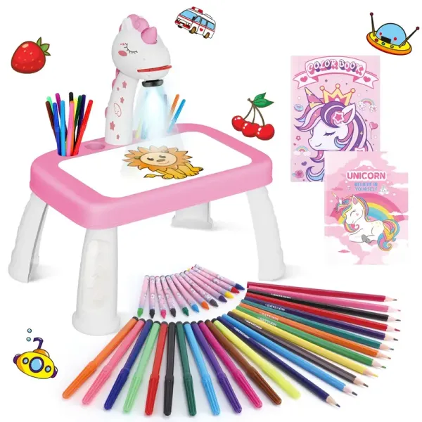 Unicorn Drawing Projector, Contains Drawing Board, Watercolor Pens, Pencils, Crayons, Scrapbook, Sticker Book, Unicorn Stickers, Stamps, Toys for Girls age 3+
