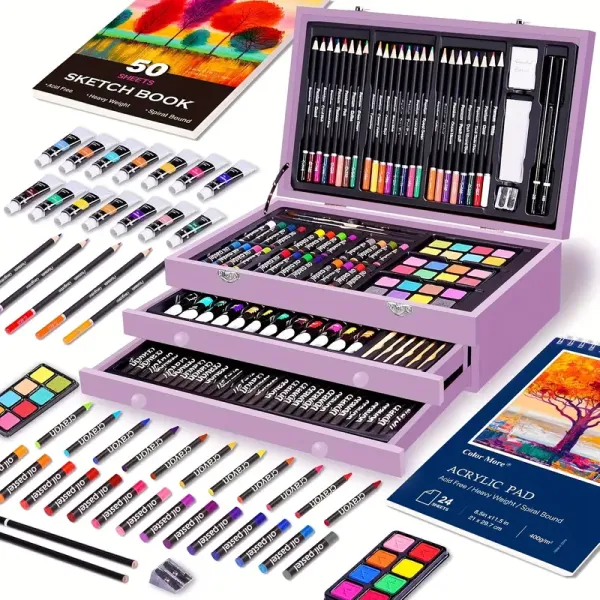 75pcs Deluxe Art Set with 2 Drawing Pads, Art Supplies, Art Supplies for Adults, Crayons, Colored Pencils, Professional Art Kit, painting kit, Back to School, Christmas & Halloween - Cherry Color