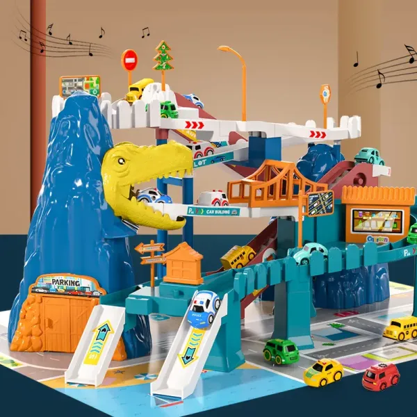 Dinosaur Race Track Playset with Roller Coaster-like Tracks, Parking Garage, Slopes, Mini Cars - Construction Zone - Compatible with other building blocks