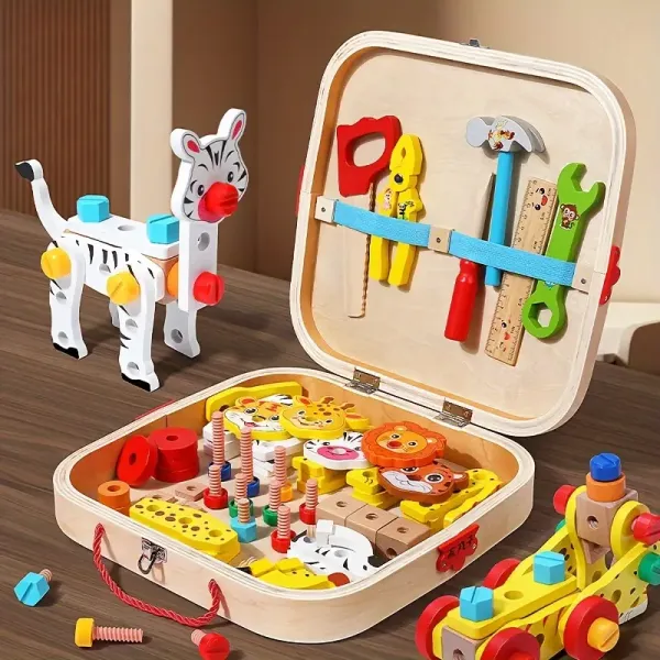 Kids' Wooden Animal Pattern Toolbox Toys With Hand Rope, Cute Cartoon Educational Toys For Boys Girls, Children's Building Block Assembly Toy, Birthday Gifts