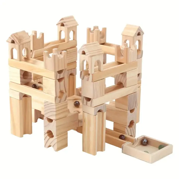 Wooden Marble Run for Kids Ages 4-8, 80 Pieces Wood Building Blocks Toys and Construction Play Set, Marble Track Maze Game STEM Learning Toys Gifts for Boys Girls Halloween
