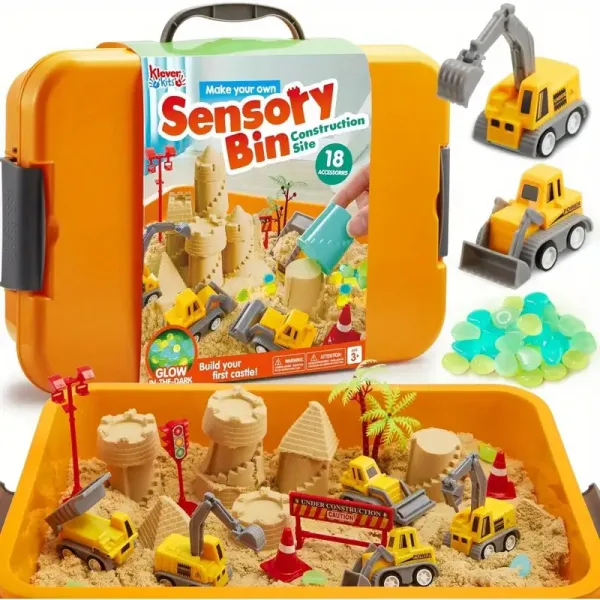 DIY Construction Sensory Bin for Toddlers with Glow in The Dark Stones, Sandbox with Lid Castle Building kit, Preschool Learning Activities Gifts for Boys Girls Age 3+