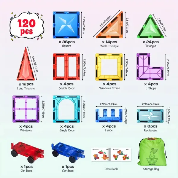 120pc Deluxe Magnetic Tiles with 2 Cars Toy Set, 3D Diamond Magnet Tiles Building Blocks, Toys for 3 - 8 Years, STEM Preschool Kids Sensory Educational Toys Gift for Boys Girls, Easter