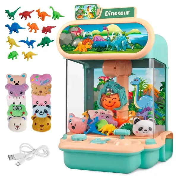 Dinosaur-Themed Mini Claw Machine with 22 Assorted Plush Animal Toys - Electronic Grabber Toy Machine for Ages 3+ with USB Power Cable