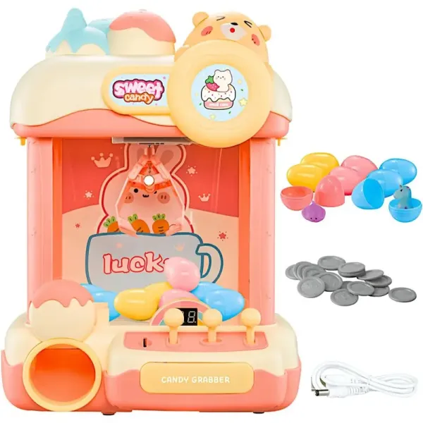 Classic Claw Machine Arcade Grabber, Plushies Gift 24 tokens & 10 mini plushies included, Candy Prize Figures Capsules Dispenser, Adjustable Game Music Token Slot Play, Battery USB Power Treats Crane, Kids Boys Girls Vending Toy